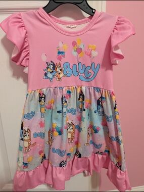 Pink Blue "Bluey" Ruffle Sleeve Casual Kids Dress/2T